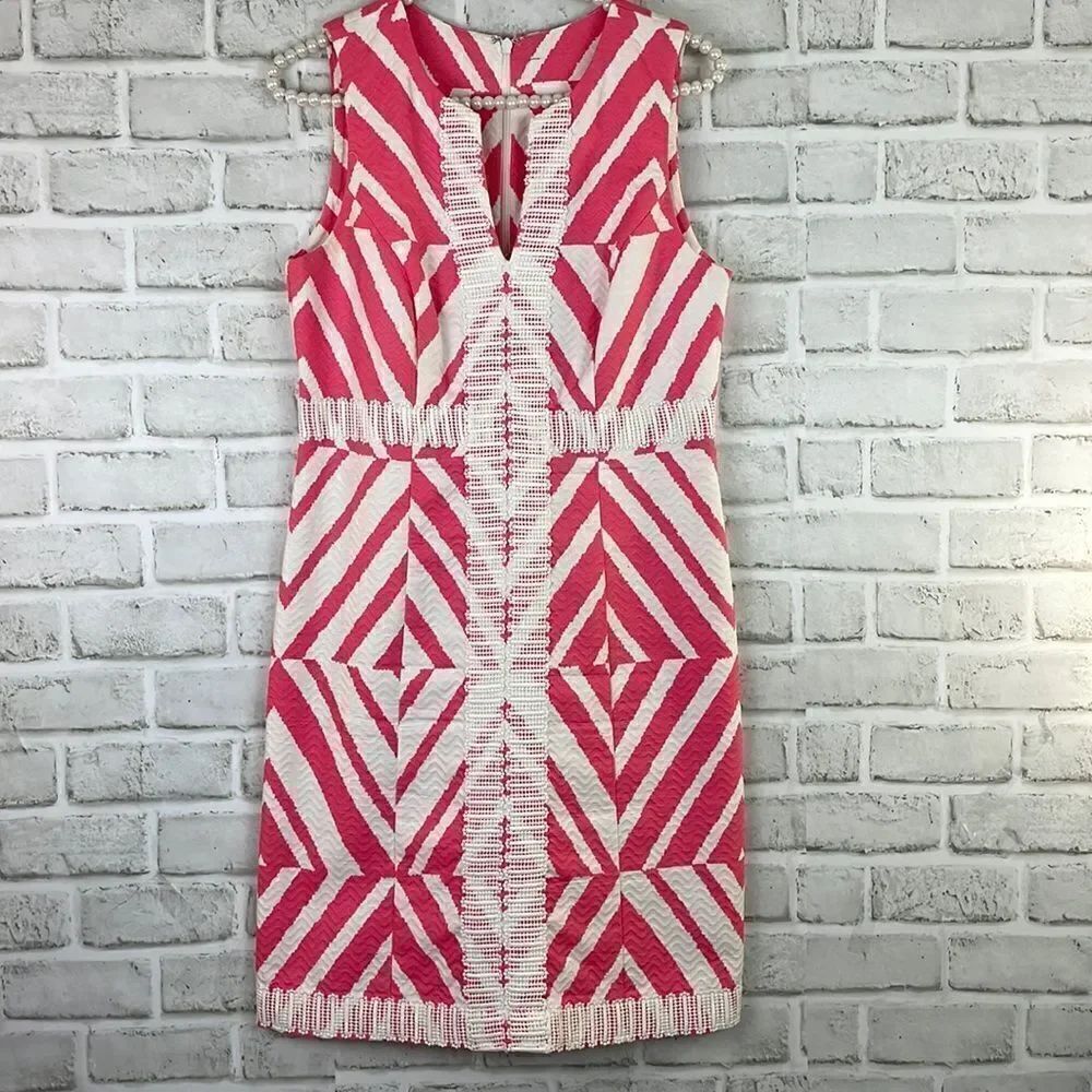 Taylor Dress Pink White Chevron Print Textured Cotton Lace Accent 100% Cotton